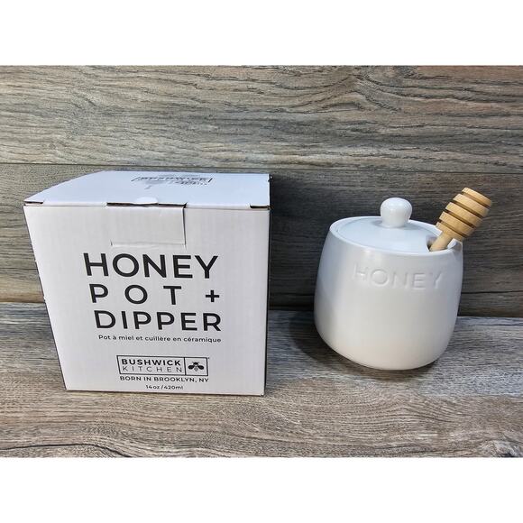 Bushwick Kitchen Honeypot Jar White Ceramic w/ Lid & Wooden Dipper 14 oz - Picture 2 of 4